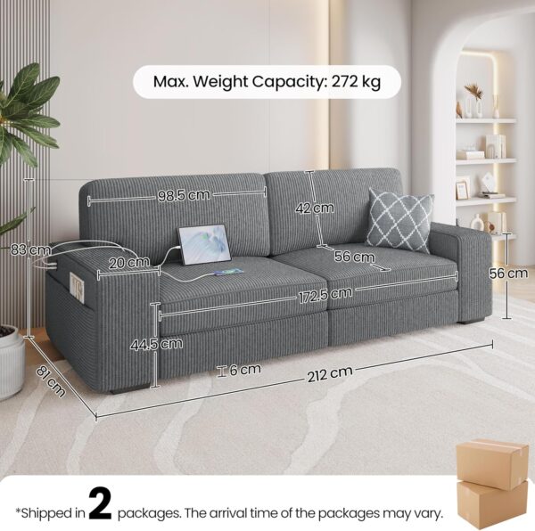Yaheetech 83.5" W Modern Sofa Couch Corduroy Fabric Sofa with USB Charging Ports & Side Storage Pockets for Living Room Apartment, Dark Gray - Image 2