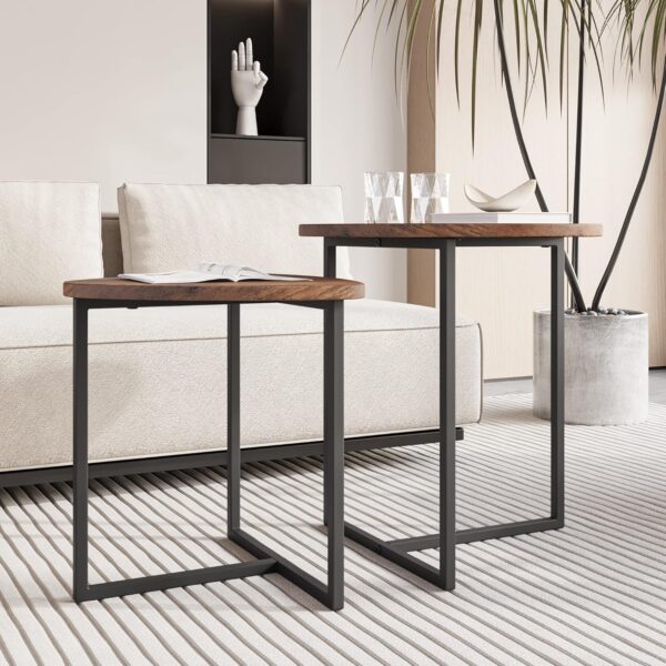 HOJINLINERO Round Coffee Table Set of 2 End Tables for Living Room,Black Small Coffee Table Living Room Table,Metal Frame & Wood,Sturdy and Easy Assembly,Stacking Side Tables Bedroom,Brown - Image 3