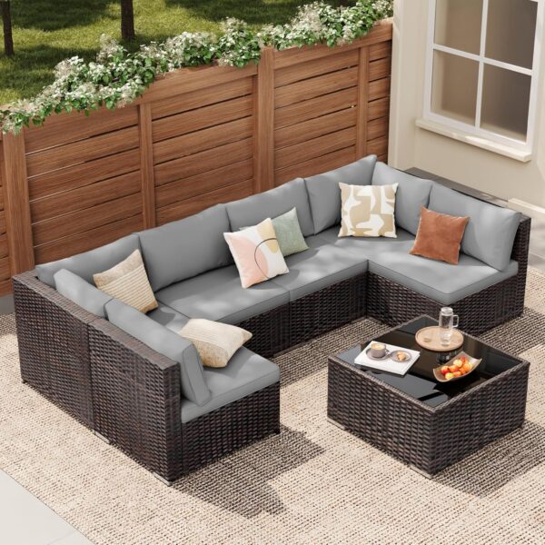 7-Piece Outdoor Sectional Patio Furniture Set, PE Rattan Outdoor Furniture Patio Conversation Set with Cushions and Glass Coffee Table (Brown Rattan, Grey Cushion) - Image 2