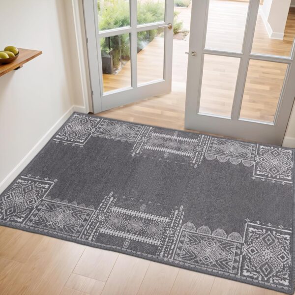 NICETOWN Grey Entryway Rug 2x3 Small Rugs for 2x3 Washable Vintage Area Rug - Boho Non-Slip Entryway Rug Living Room Rug Entrance Mat Carpet for Kitchen Laundry Bathroom Bedroom, Grey