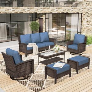 HERA'S HOUSE 6-Piece Wicker Patio Furniture Sets with High Back Swivel Chair, Oversized Outdoor Sectional Conversation Set for Garden Backyard, Navy Blue