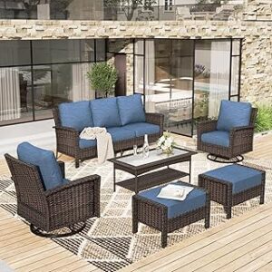 HERA'S HOUSE 6-Piece Wicker Patio Furniture Sets with High Back Swivel Chair, Oversized Outdoor Sectional Conversation Set for Garden Backyard, Navy Blue