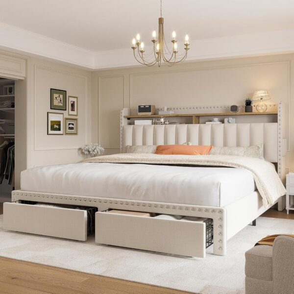 EnHomee Queen Bed Frame with Headboard and Storage, Upholstered Queen Bed Frame with Storage, Queen Size Bed Frame with 2 Drawers, Queen Size Bed Frame with Storage, NO Noise,No Box Spring Needed - Image 3