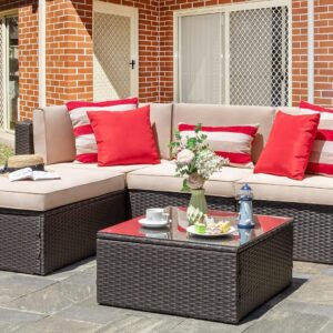 Vongrasig 5 Piece Patio Furniture Sets, All-Weather Brown PE Wicker Outdoor Couch Sectional Set, Small Conversation Set for Garden/Patio w/Ottoman, Glass Table, Red Pillow, Beige