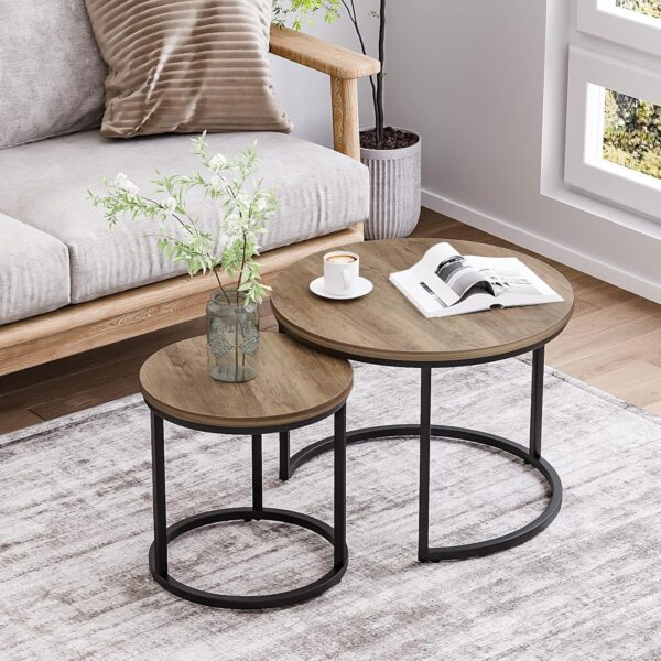 Smuxee Nesting Coffee Table Set of 2, 23.6" Round Coffee Table Wood Grain Top with Adjustable Non-Slip Feet, Industrial End Table Side Tables for Living Room Bedroom Balcony Yard - Image 3