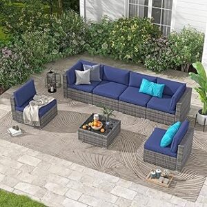 Yangming 7 Piece Outdoor Patio Furniture Sets, Outdoor Sectional Furniture with Tempered Glass Table and Cushion, Rattan Chairs Wicker Couch Conversation Set for Deck, Backyard, Porch, Lawn, Garden