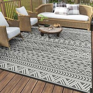 MontVoo Outdoor Rug Carpet Waterproof 5x8 ft Reversible Patio Rug RV Camping Rug-Plastic Straw Rug Outside Indoor Outdoor Area Rug for Patio Deck Balcony Picnic Beach Outdoor Decor Boho Grey