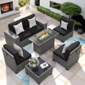 7 Piece Patio Furniture Set with Fire Pit Table, Outdoor Conversation Sets Wicker Rattan Sectional Sofa with Coffee Table, 4'' Thickened Cushion Navy Blue (Include Waterproof Cover)