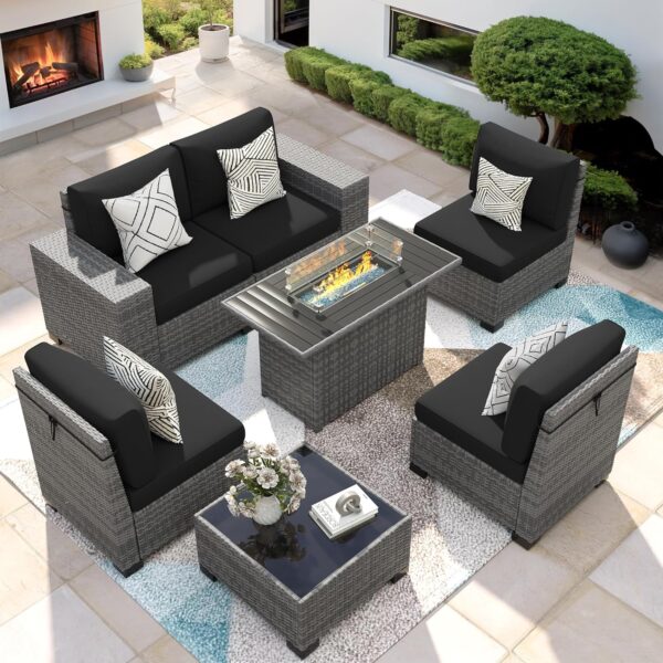 7 Piece Patio Furniture Set with Fire Pit Table, Outdoor Conversation Sets Wicker Rattan Sectional Sofa with Coffee Table, 4'' Thickened Cushion Navy Blue (Include Waterproof Cover)