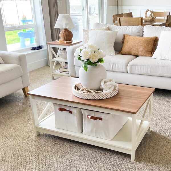 PHI VILLA Coffee Table - Modern Coffee Tables with Storage for Living Room Shelf 2 Tiers, Farmhouse Coffee Table Set