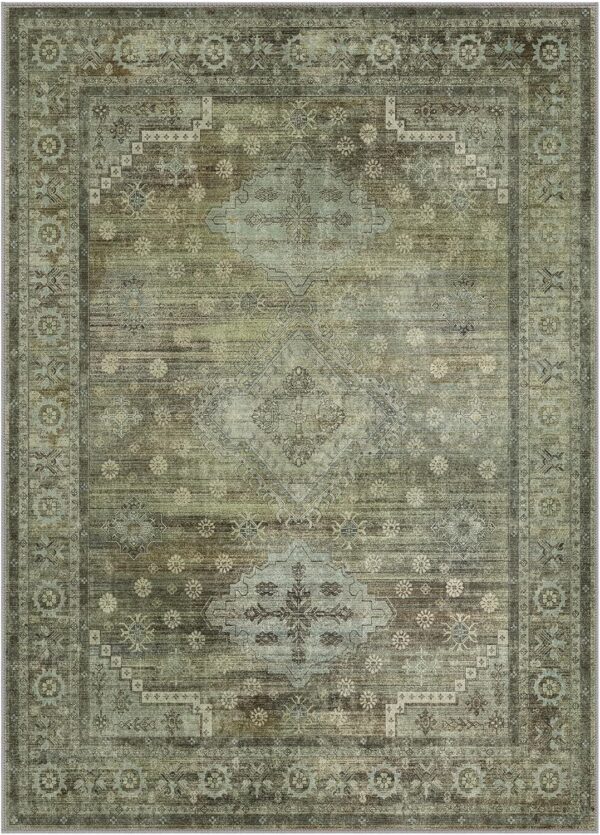 Area Rug 5x7 for Living Room Bedroom, Machine Washable Neutral Rug, Soft Vintage Print Sage Green Carpet, Low Pile Mat with Non Slip Rubber Backing - Image 5