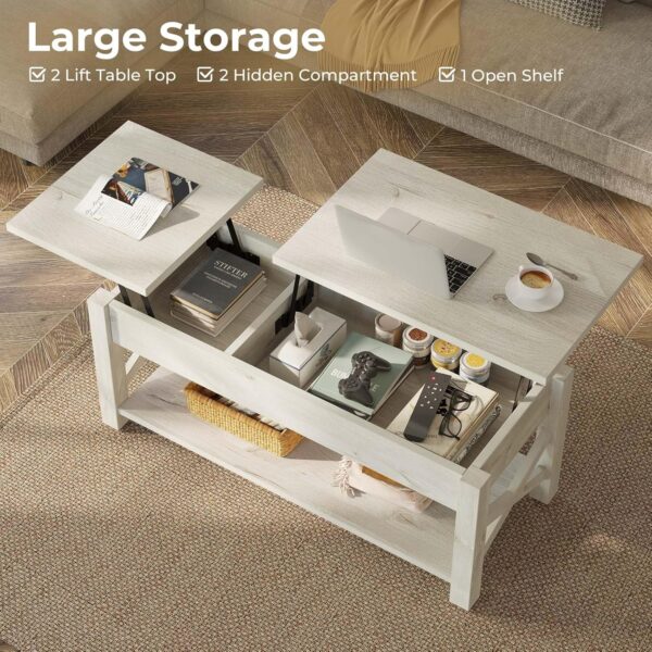 Rolanstar Coffee Table 47.2", 2 Way Lift Top Farmhouse Center Table with Hidden Compartment, Open Shelf & X Wooden Support for Living Room, Grey - Image 4