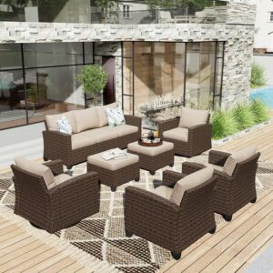 HERA'S HOUSE Wicker Patio Furniture Set with Swivel Rocker Glide Chairs, Outdoor Conversation Sectional Set with Ottomans for Backyard Deck Porch, Beige