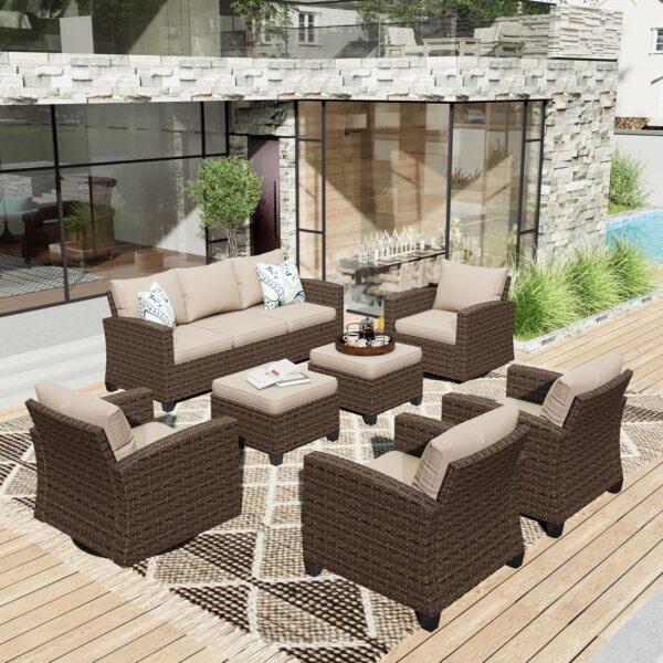 HERA'S HOUSE Wicker Patio Furniture Set with Swivel Rocker Glide Chairs, Outdoor Conversation Sectional Set with Ottomans for Backyard Deck Porch, Beige