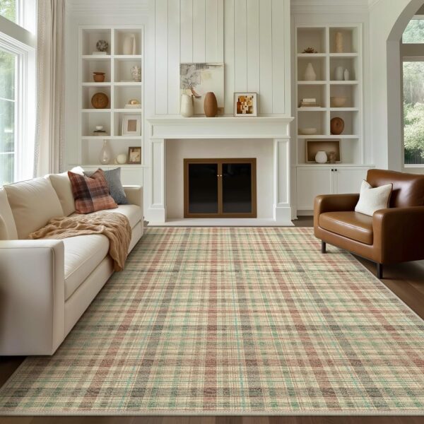 8x10 Area Rugs, Plaid Print Living Room Rug Non-Slip, Machine Washable Large Area Rug, Soft Modern Rug for Bedroom, Dining Room, Playroom, Ivory/Multi - Image 2