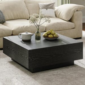 POVISON Mid Century Modern Coffee Table with Storage, Square Coffee Table with Drawers, 35.43" Wood Coffee Table for Living Room Home Office, Fully-Assembled Black Coffee Table
