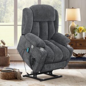 Oversized Power Lift Recliner Chair for Adults, Dual Motor Recliner Chair for Elderly, Lazyboy Recliner Chair with Heat and Massage, Infinite Position, USB Port, Side Pockets, Linen, Dark Gray