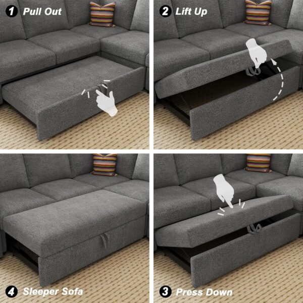 Belffin Modular Sectional Sleeper Sofa with Pull Out Couch, L Shaped Sleeper Pull Out Bed, Convertible Sectional Couches for Living Room, Light Grey - Image 7