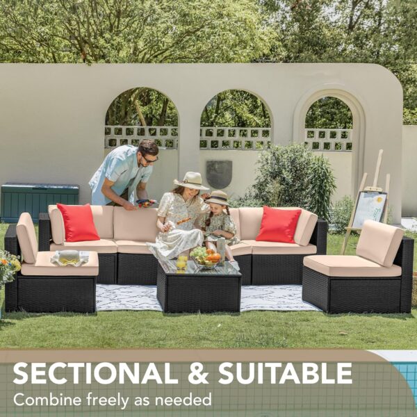 Devoko 7 Pieces Outdoor Sectional Sofa Patio Furniture Sets Manual Weaving Wicker Rattan Patio Conversation Sets with Cushion and Glass Table (Beige) - Image 5