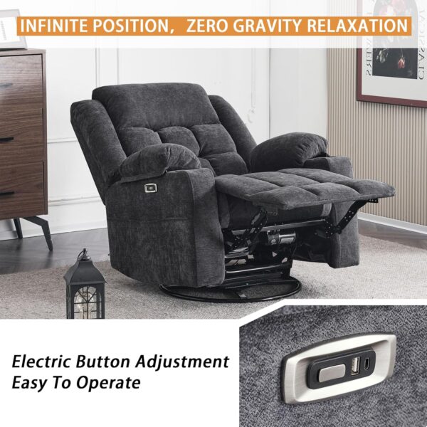 Power Swivel Rocker Recliner Massage Chair, USB and Type-C Ports, Electric Recliner Glider Reading Chairs Living Room, Upholstered Soft Fabric Reclining Sofa Chair (Dark Grey) - Image 5