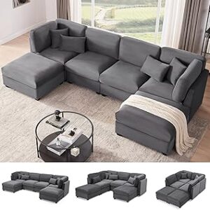 140 Inch Oversized Corduroy Modular Sectional Sofa, U Shaped Modular Couch with Storage, 6 Seat Convertible Corduroy Couch, Comfy Sectional Couches for Living Room with Memory Foam, Grey