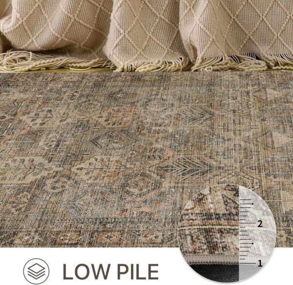 Area Rug 8x10 Machine Washable Vintage Distressed Print Ultra-Thin Chenille Bedroom Living Room Accent Rug, Low Pile Lightweight Non Slip with Gripper, Sage/Charcoal - Image 5