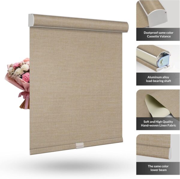 Boolegon Blackout Roller Shades for Windows Linen Fabric Cordless Roller Blinds with Cassette Valance Thermal Insulated Room Darkening Window Shades for Home Door,Light Beige,Custom Sizes - Image 4