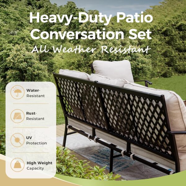 Patio Furniture Set 4 pcs, Metal Outdoor Patio Furniture, 3-Seat Sofa, 2 Single Chairs, Metal Coffee Table and 5.75" Extra Thick Cushion, Patio Conversation Set,Beige - Image 7
