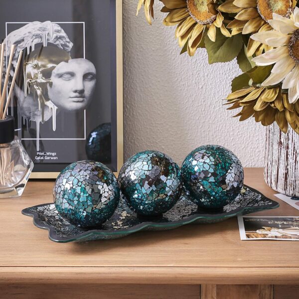 KMwares 12.4” Mosaic Glass Decorative Tray Dish Plate with 3pcs 3" Decorative Orbs Balls Sphere Decor for Living Room or Dining Coffee Table Mantle Decor Centerpiece (Turquoise) - Image 5