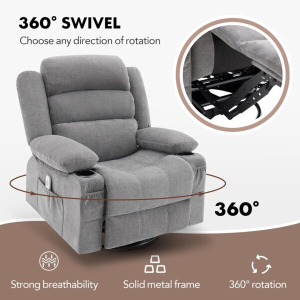 Rocker Recliner Chair with Heat and Massage, 360° Swivel Recliner Chairs for Adults, Oversized Recliner Single Sofa Seat with Cup Holders, Lazy Boy Recliner Single Sofa Seat, Grey - Image 6