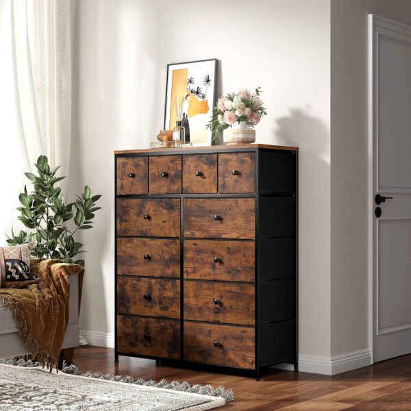 EnHomee Dresser, Dresser for Bedroom with 12 Drawers, Tall Dresser with Wooden Top and Metal Frame, Bedroom Dresser Dressers & Chests of Drawers Clearance, 40.6" W x 11.7" D x 43.7" H, Rustic Brown - Image 4