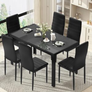 DKLGG 7 Piece Dining Table Set for 6, Glass Dining Room Table Set with 6 PU Leather Chairs, Modern Kitchen Table and Chairs Set of 6 for Small Space, Apartment