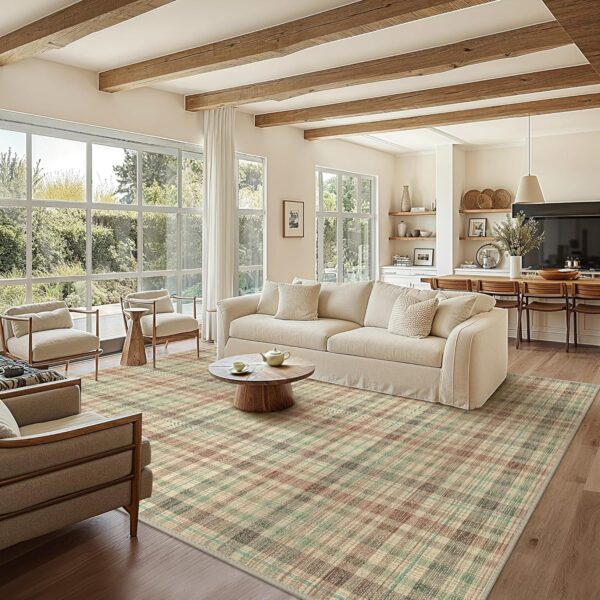 8x10 Area Rugs, Plaid Print Living Room Rug Non-Slip, Machine Washable Large Area Rug, Soft Modern Rug for Bedroom, Dining Room, Playroom, Ivory/Multi - Image 3