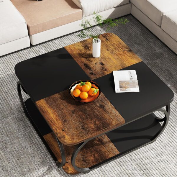 Tribesigns Square Coffee Table with 2 Tiers, 40 inches Low Farmhouse Coffee Table with Wood Storage Shelf Heavy Duty Metal Curved Frame for Modern Living Room, Black Rustic Brown - Image 3