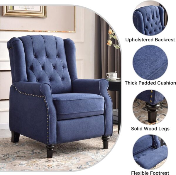 Bonzy Home Living Room Chair, Push Back Recliner Chair, Mid Century Modern Wingback Chair, Comfy Fabric Arm Chair with Rivet Decoration, Button-Tufted Back, Solid Wood Legs, Blue - Image 4