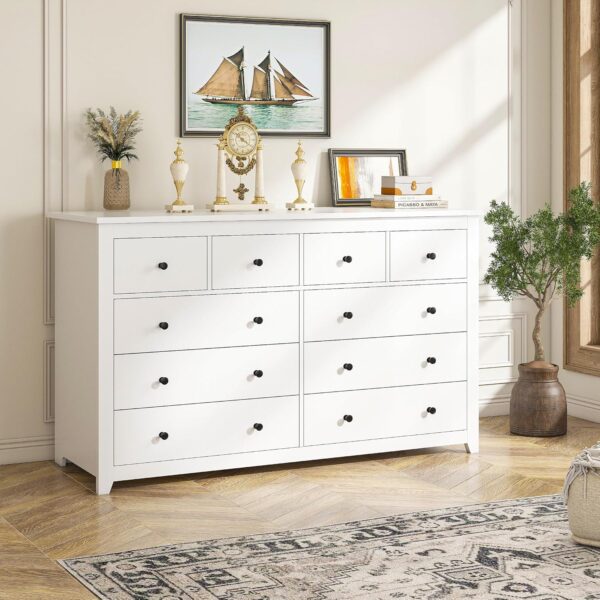 EnHomee White Dresser, Dresser for Bedroom with 10 Deep Drawers Wood Dresser with Smooth Metal Rail, Large Dressers & Chests of Drawers Wide Dresser,52.2W*15.8" D*35.8" H
