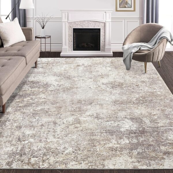 Area Rug Living Room Rugs - 9x12 Abstract Large Soft Indoor Washable Rug Neutral Modern Low Pile Carpet for Bedroom Dining Room Farmhouse Home Office - Brown - Image 3