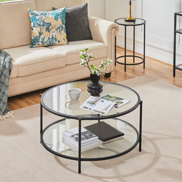 Yaheetech Glass Top Coffee Table, 2 Tier Round Coffee Table for Living Room with Storage Shelf, 36" Modern Glass Center Table for Apartment, Office, Home, Black - Image 4