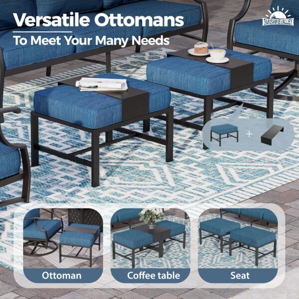 7 Piece Metal Outdoor Patio Furniture Set, Patio Conversation Sets 3-seater Sofa, 2 Fixed Chairs, 2 Swivel Chairs, 2 Ottomans with 5.75" Thick Cushion, Black Backyard Furniture, Blue-2 - Image 6