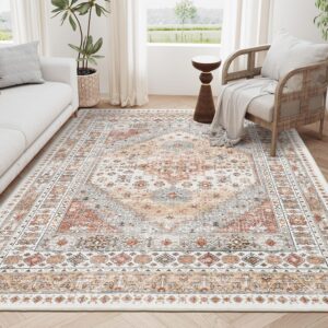 zesthome 8x10 Area Rugs for Living Room,Non-Slip Backing Washable Rugs,Vintage Large Area Rug，Stain Resistant Home Decor Rug (Orange,8'x10')