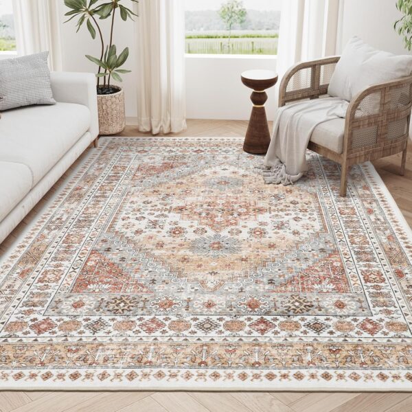 zesthome 8x10 Area Rugs for Living Room,Non-Slip Backing Washable Rugs,Vintage Large Area Rug，Stain Resistant Home Decor Rug (Orange,8'x10')