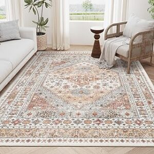 zesthome 8x10 Area Rugs for Living Room,Non-Slip Backing Washable Rugs,Vintage Large Area Rug，Stain Resistant Home Decor Rug (Orange,8'x10')