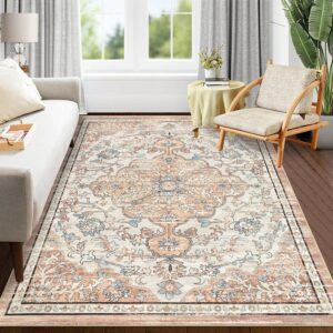 Pauwer 5x7 Area Rug, Large Area Rug for Living Room, Boho Farmhouse Vintage Floral Rugs for Bedroom, Non Slip Low Pile Accent Rug, Machine Washable Rugs for Living Room, Bedroom Floor Mat Carpet