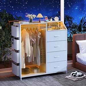 Dresser with Charging Station & LED Lights, Dresser for Bedroom with 4 Drawers, Fabric Chest of Drawers with Clothes Rack, Storage Drawer for Bedroom, Kids Room, Living Room, Entryway, White