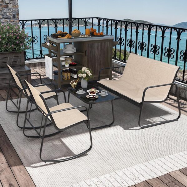 DWVO 4 Piece Patio Furniture Set, Outdoor Conversation Sets for Patio, Lawn, Garden, Poolside with Rocking Chair Set of 2 and Glass Coffee Table - Brown - Image 3