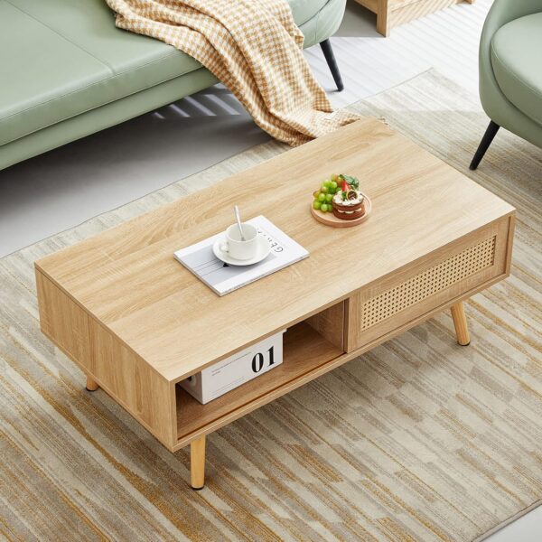 Mid Century Modern Coffee Table with Storage, 41.3 Inch Rectangle Wooden Accent Center Tables with Sliding PE Rattan Woven Door Panel and Solid Wood Legs, Suitable for Living Room, Apartment - Image 2