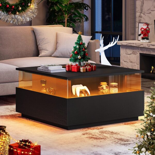 YITAHOME Coffee Table, Coffee Tables for Living Room with Storage, Square Coffee Table with 2 Sliding Drawers, Modern Coffee Table with LED Light, Acrylic Wood Center Table, Black - Image 4