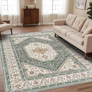 9x12 Washable Vintage Rug: Oriental Rugs for Living Room Non Slip Backing Stain Resistant Large Indoor Carpet for Bedroom Area Rug Dining Room Decor(Green,9x12FT)