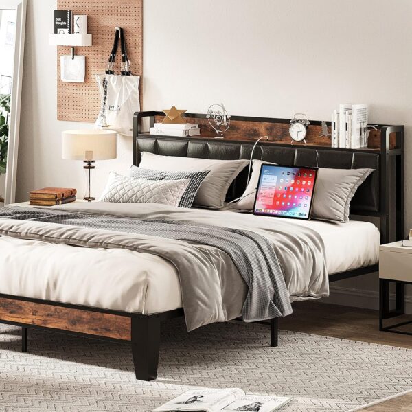 LIKIMIO Queen Bed Frame, Storage Headboard with Charging Station, Solid and Stable, Noise Free, No Box Spring Needed, Easy Assembly (Vintage and Black) - Image 3