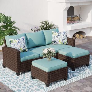 Patio Conversation Set Outdoor Furniture Brown Wicker Rattan Sets with Cushion Sectional Furniture,3 Pieces 5 Seats,Blue